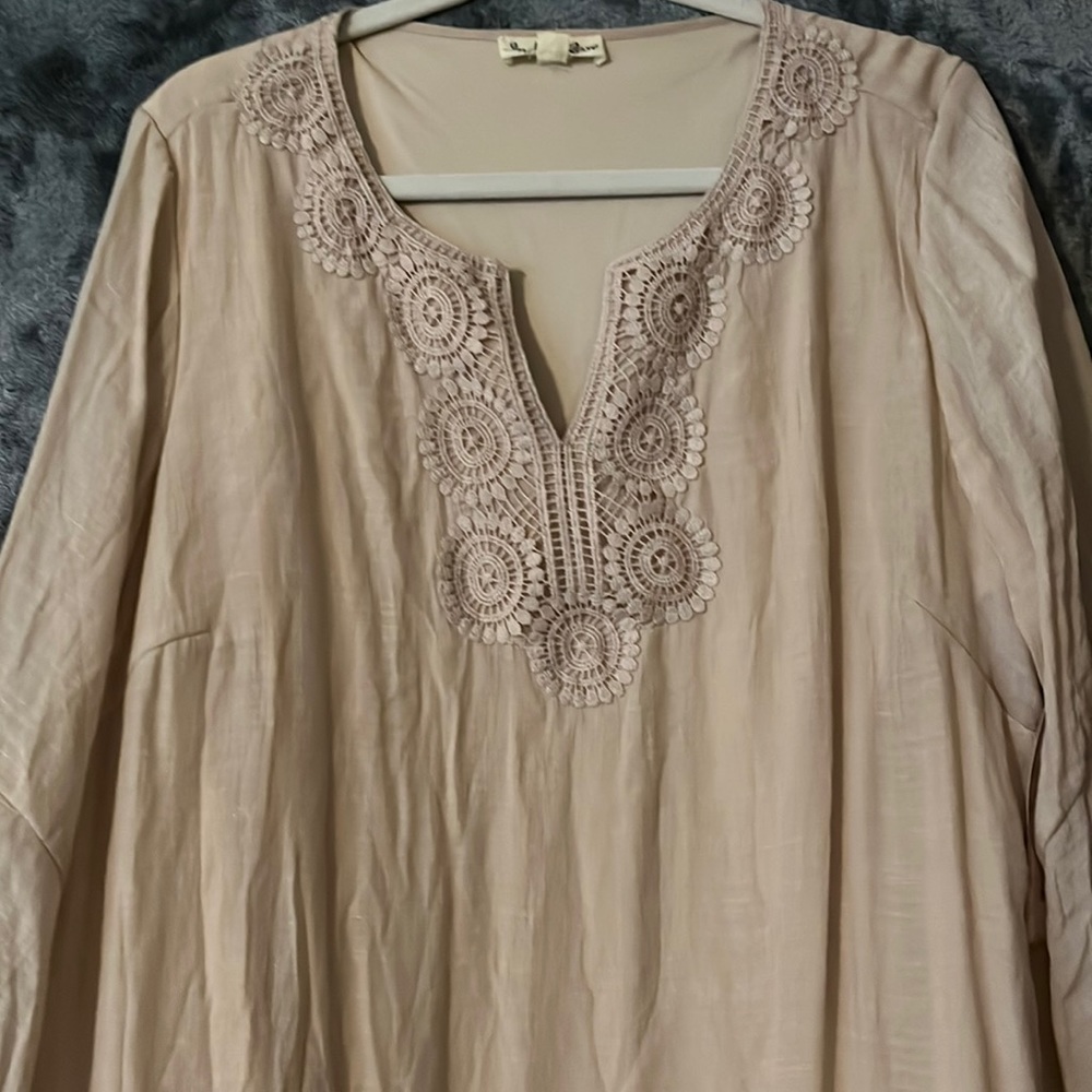 Beige/tan crotchet detail flowy mini dress